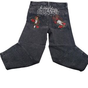 Ninth Ambitious Hall Mens Black Embroidered Denim Jeans Hip Hop Skate Size 32x32